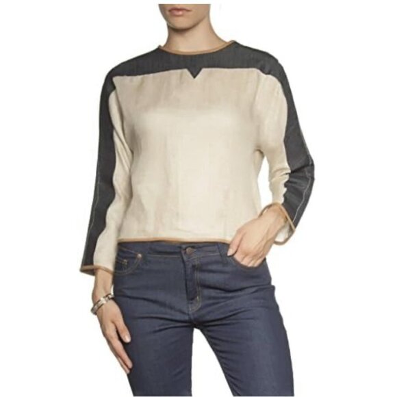 Dina Agam Anthropologie Linen Denim Lambskin Leather Crew Neck Long Sleeve Top M - Picture 1 of 12